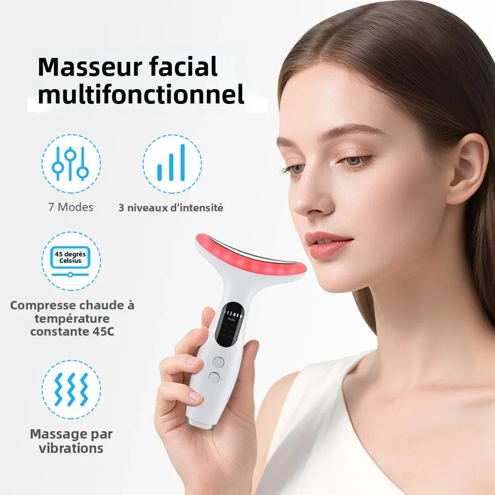 Masseur Visage & Cou LED 7 Couleurs | Anti-Rides & Lifting | Thérapie Photonique EMS